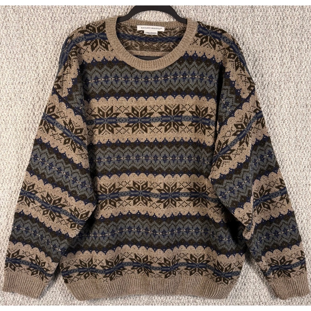 VTG 90's Knightsbridge Mens L Fair Isle Nordic Grandpa Sweater Geometric Korea
